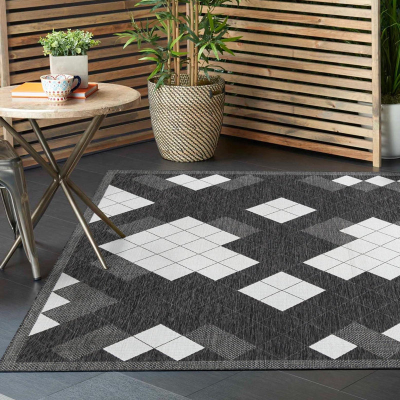 Geometric Machine Woven Polypropylene Indoor / Outdoor Area Rug in Black/White, Square 13'1"