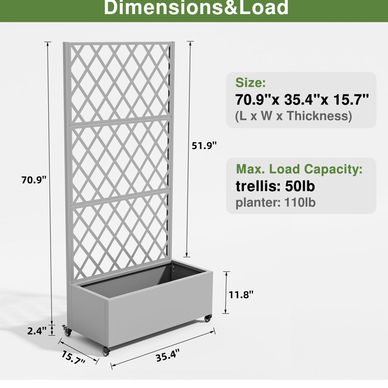Metal Planter Box with Trellis with Wheels, Gray, 71" H x 35" W x 16" D