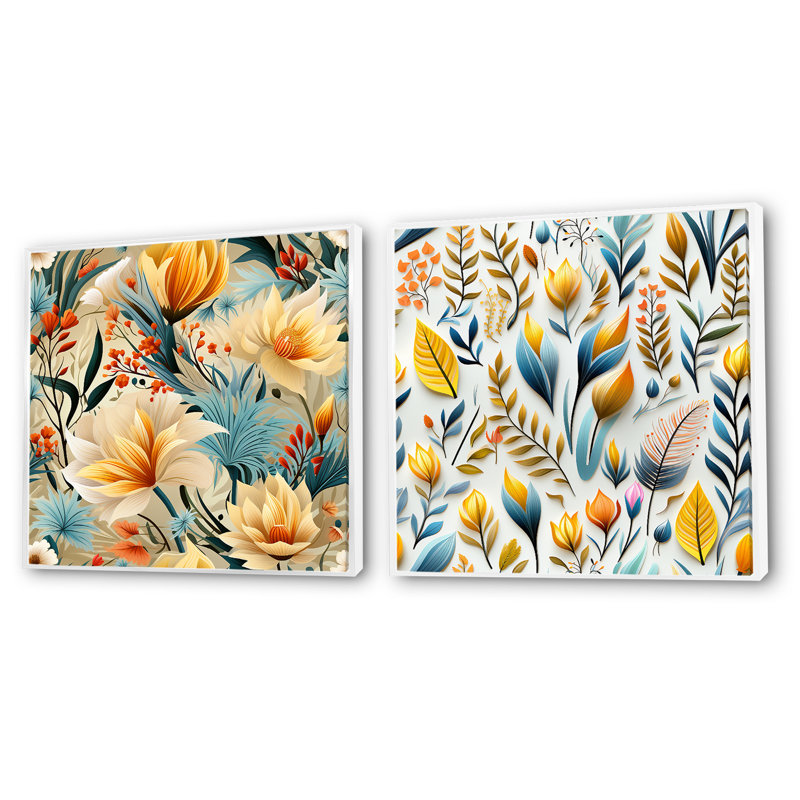 Maina - Ensemble de 2 collages carrés botaniques abstraits, Cadre flottant blanc, H 30 po x l 61 po