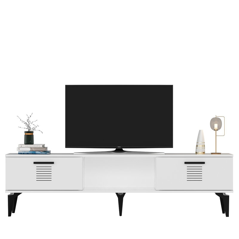 Meuble télé moderne blanc Catena de 59,1 po x 17,6 po x 11,6 po | 100% panneau de particules enduit de mélamine, épaisseur: 0,7 pouce | Conception élégante de couleur unie, parfaite pour le salon et les espaces de divertissement, durable et élégante