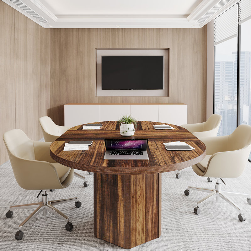 Oval Conference Table, 55.12 L X 39.37 W X 29.53 H Inches Small Meeting Table For 6 People, Rustic Wooden Meeting Seminar Table With Round Base For Office Conference Room