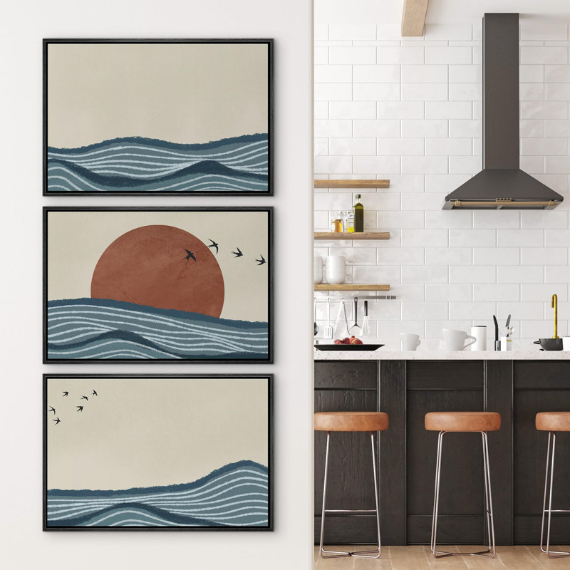 "Nautical Twilight Nautical Sea And Sun", 3 pièces, H 16 po x l 24 po, Cadre noir