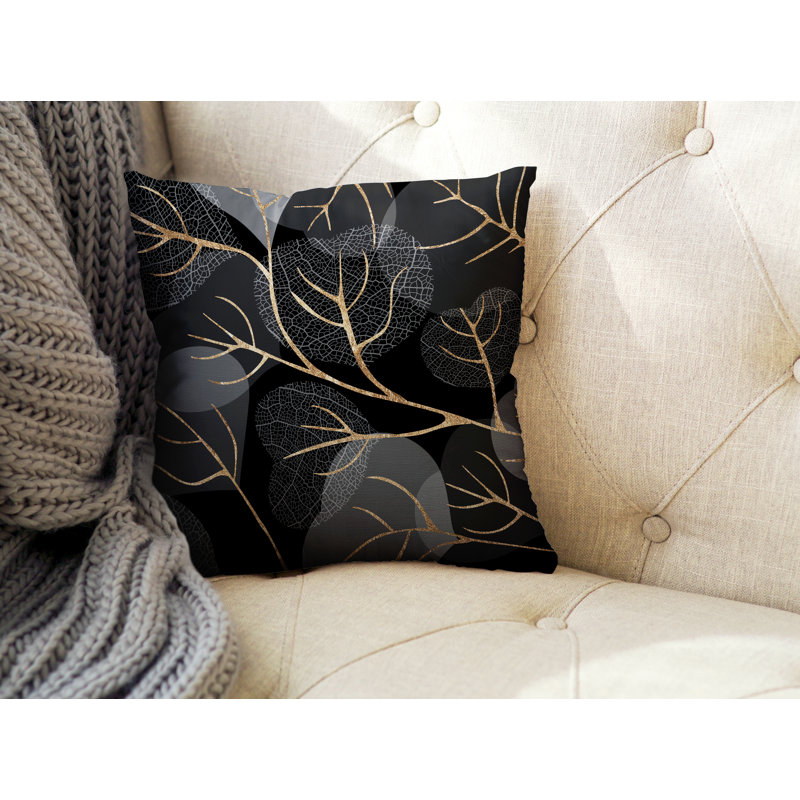 Coussin décoratif intérieur / extérieur Baka Leafs, Noir / or, H 15 po x l 15 po