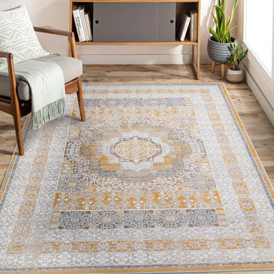 Tapis élégant 240x300 cm couleur crème à motifs médaillon, anti-peluches et anti-taches, idéal pour le bureau, la chambre à coucher, la salle à manger et le salon.