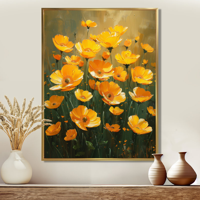 Reproduction d'art mural jaune et vert Sunlit Meadow VII - Bouton d'or, Toile avec cadre flottant or