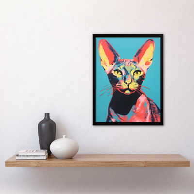 Stunning Sphynx Cat Portrait Teal Yellow Blue 1 Piece Single Picture Frame Wall Art