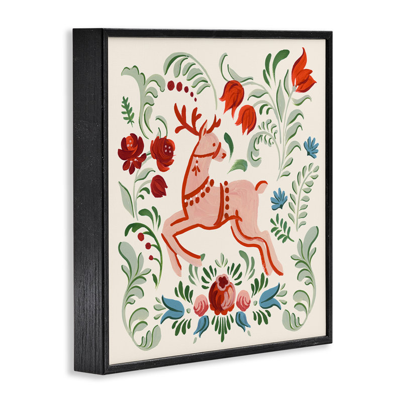 Renne festif floral, estampe numérique, design par Victoria Barnes, H 12 po x l 12 po, Giclée encadrée noir minuit