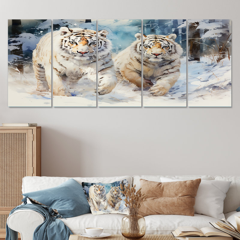 5 tigres blancs jouant dans la neige IV - Tigre, art mural 5 pièces, H 28 po x l 60 po