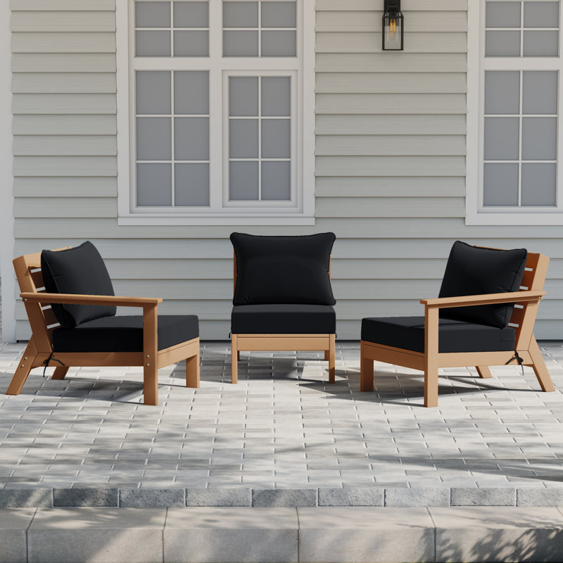 3-Piece Deep Seating Set With Cushions, Teak, Black