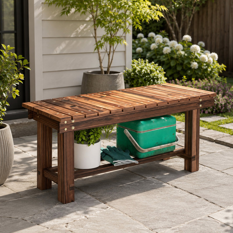Banc d'extérieur en bois massif avec tablette de rangement pour patio