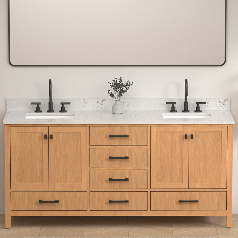 72 po Meuble-lavabo autoportant à double cuve avec plateau technique, Naturel, Noir