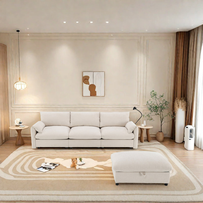 Canapé multifonctionnel avec support de téléphone réglable, ports de charge de type C et USB, repose-pieds avec rangement dissimulé, poches de rangement avec accoudoirs et siège extra large