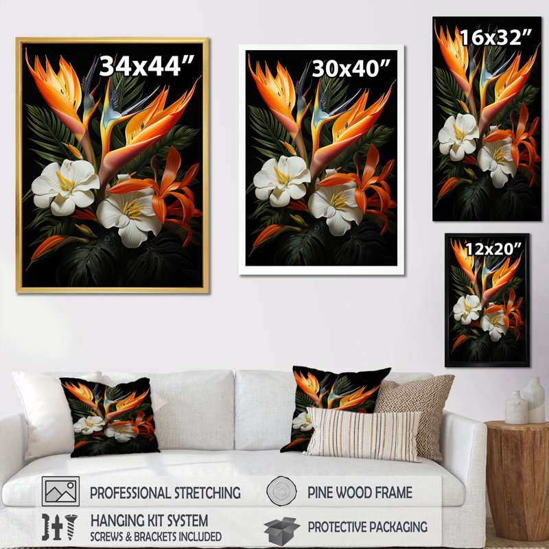 Oiseaux de paradis Paradise I - Art mural oiseaux de paradis, Cadre flottant noir, H 32 po x l 24 po x P 1 po