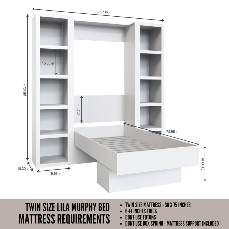 Lit escamotable Easy-Lift en grain de bois avec deux étagères, Lit simple, Brun