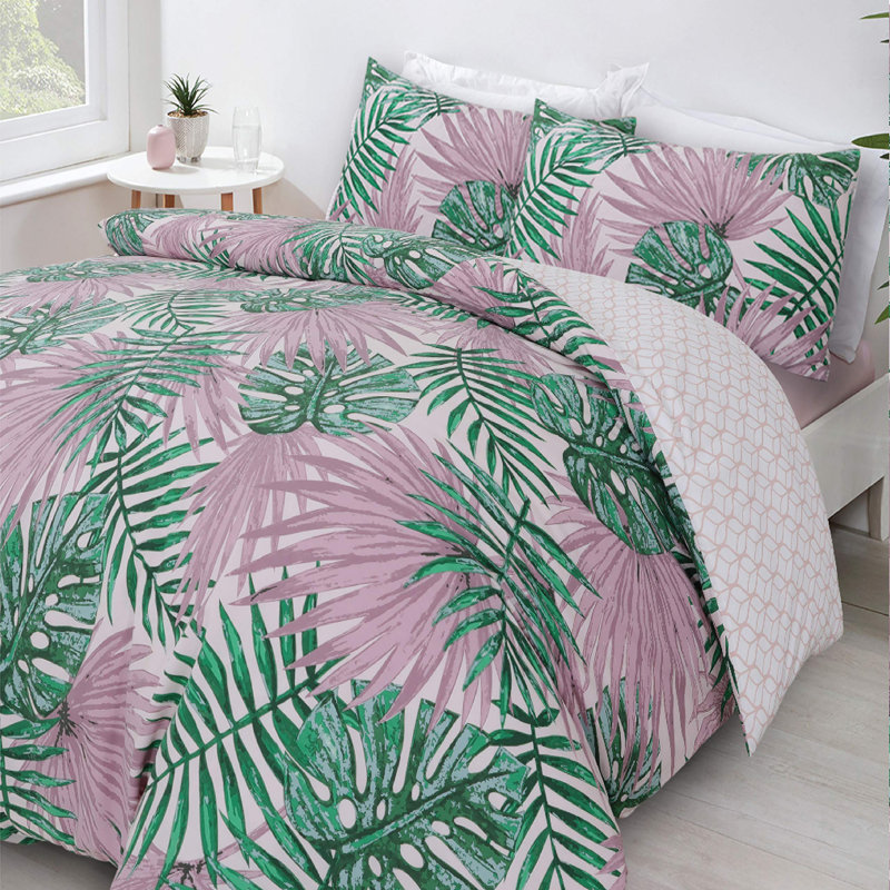 NightComfort Palm Leaf Wesley Pink/Green Cotton Rich Duvet Cover Set with Pillowcase, Single - 1 Standard Pillowcase
