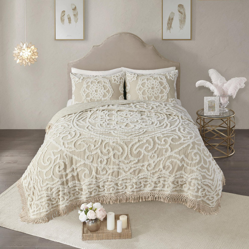 Ensemble d'édredon floral en coton 3 pièces, Édredon double + 2 taies décoratives standards