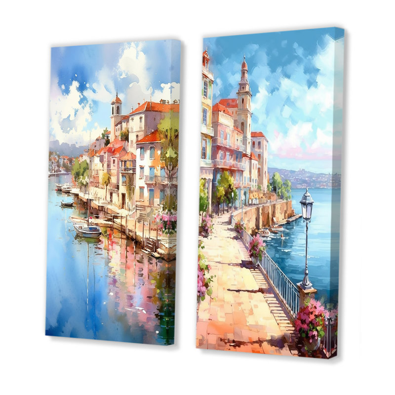 Sunny Port In Italy - ensemble de 2 décorations murales en Italie, Toile tendue, H 28 po x l 25 po