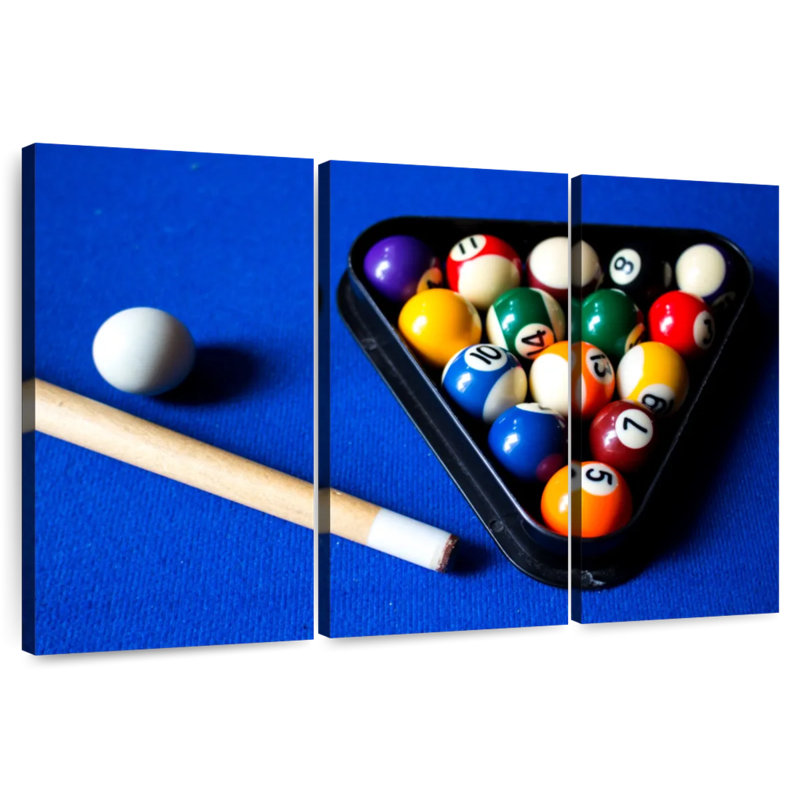 Boules de billard Senne sur table bleue, H 28 po x l 45 po