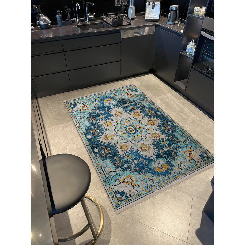 Tapis décoratif bleu à motif floral, Rectangle 4 pi 7,12 po x 6 pi 6,74 po