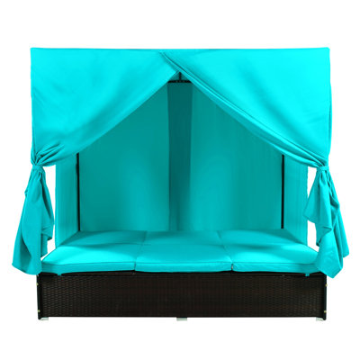 Blue Outdoor Double Chaise Lounge Daybed with Curtains and Cushions, Rattan Patio Set