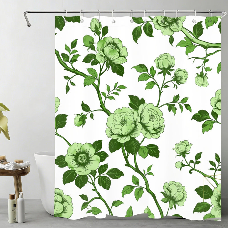 Rideau de bain pivoine avec crochets Line Art, vert 180 x 180 cm (72 x 72 pouces)