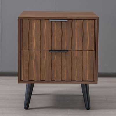 Table de bout cannelée à 2 tiroirs avec pieds en bois massif, table d'appoint de rangement pour le salon / chambre à coucher