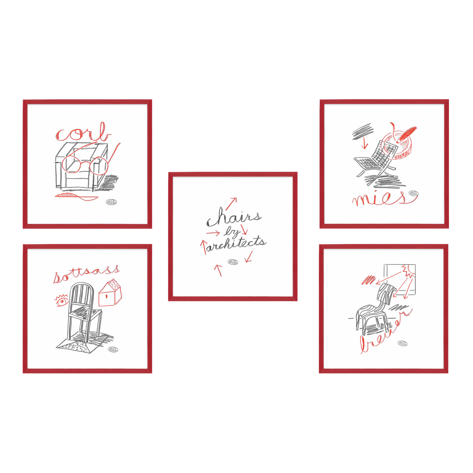 Amir "Chairs" 5-Piece Print Set by Jeff Jackson, 16" W x 16" H, Red Single Picture Framed Paper