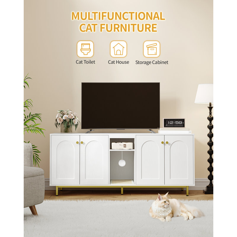 Cat Cabinet for 2 Cats, Cat Litter Box Cabinet, Hidden with Double Rooms, with Storage Space, Plush Balls, Can Be Used as a TV Cabinet, 55.12 x 18.90 x 24.41 in, White and Gold