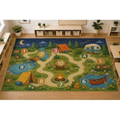 Large 6'7" x 9'10" Camping Adventure Area Rug, Soft Low Pile Indoor Rug with Non-Slip Silicone Backing for Kids Room, Playroom, Green