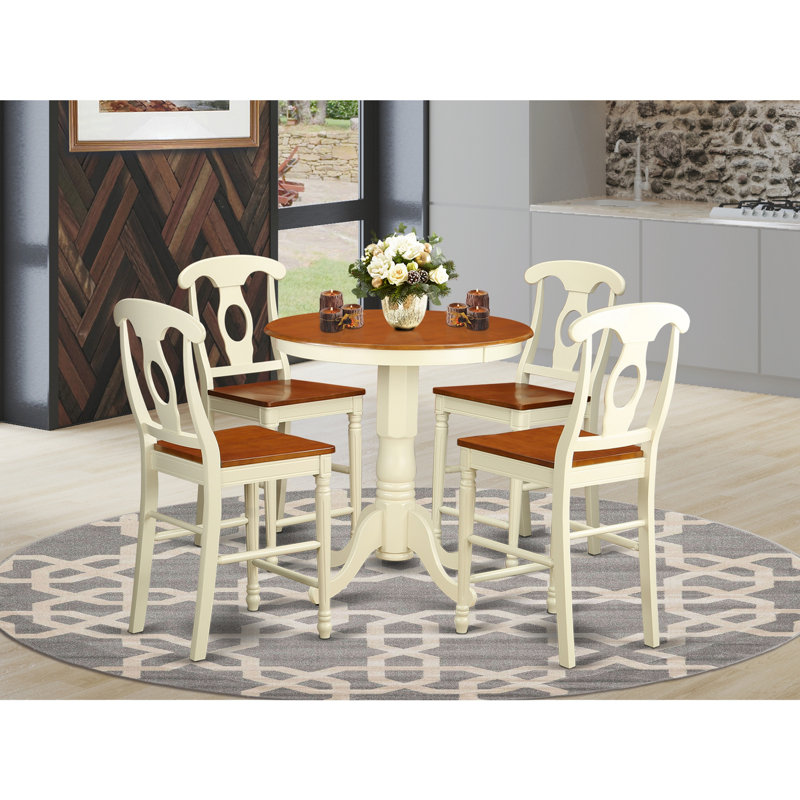 Smithson Solid Wood Top Pedestal Dining Set, Buttermilk/Cherry, 5 Pieces: 1 Table, 4 Chairs, 30" x 30"
