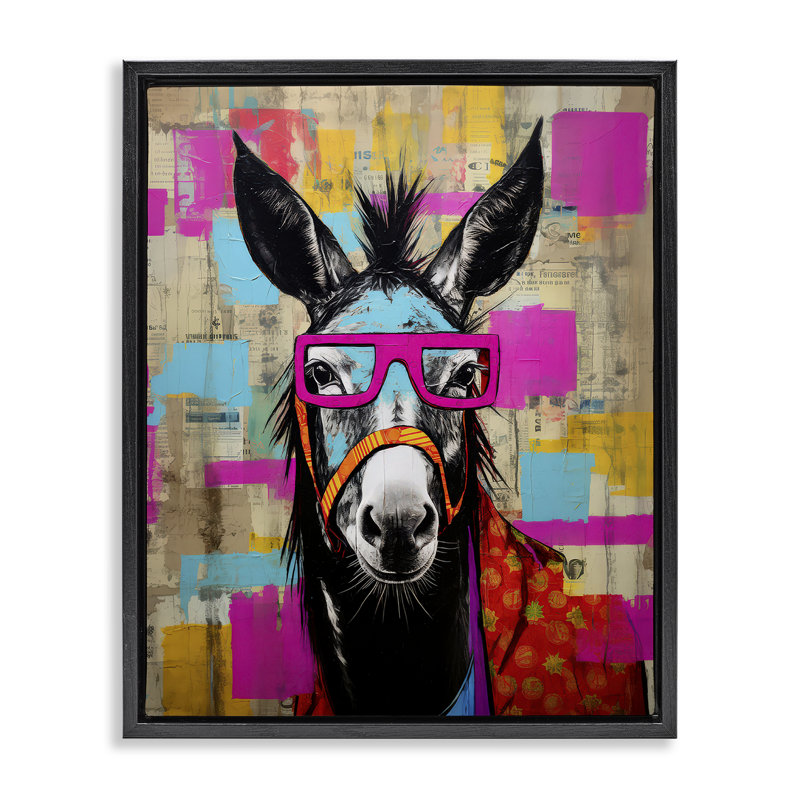 «Quirky Spectacle Donkey», art mural encadré flottant par LSR Design Studio, H 31 po x l 25 po, Cadre flottant noir de jais