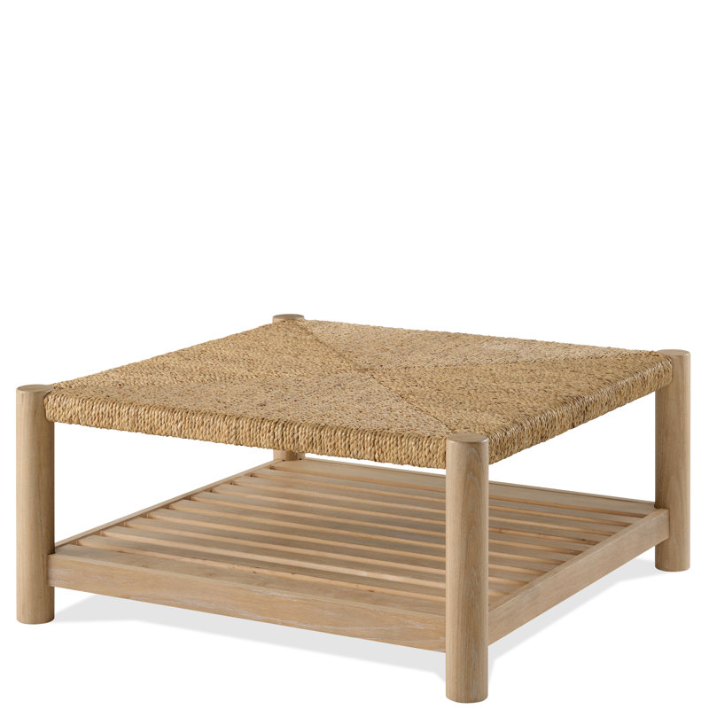 Table basse carrée avec plateau tissé naturel et tablette de rangement à lattes Lana 