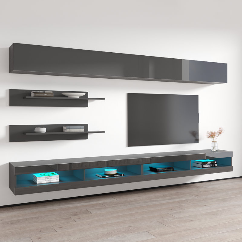 Lieberman 126" Modern Floating Wall Mounted Entertainment Center with 16-Color LED Lighting, High Gloss Finish, Gray
