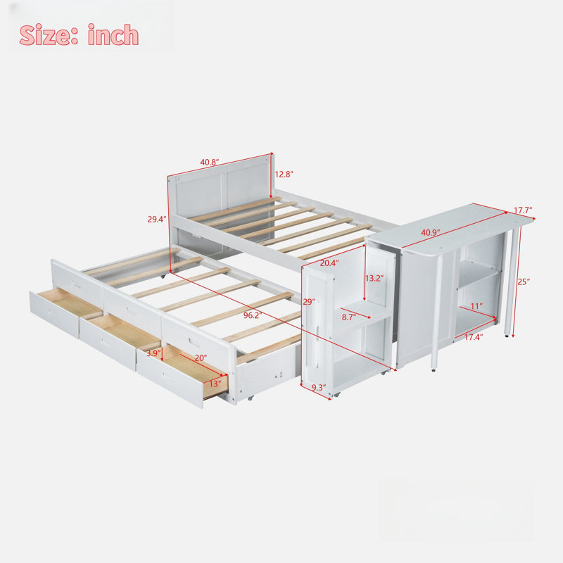 Matthes With Desk And Storage Shelves, Built-in Trundle And 3 Drawers, White