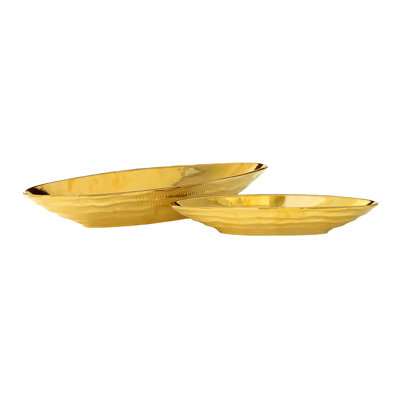 Ceramic Glaze Boat Shape Geometric Body Set Of Two Electroplated Gold Finish