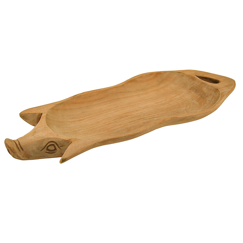 Rustic Brown Hand-Carved Wood Pig Serving Tray with Natural Wood Grain and Handle — 14.75 in. L X 6 in. W X 1 in. D
