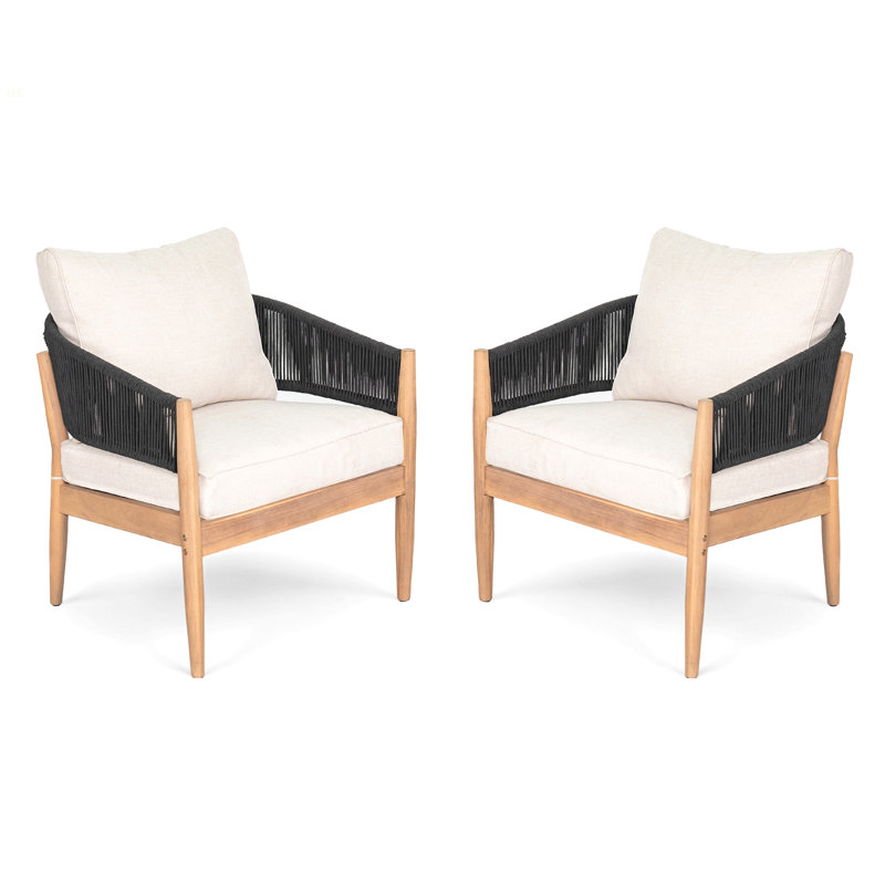 Verona Outdoor Patio Acacia Wood Club Chair, Natural Finish Wood, Beige Cushion, Black Rope, Set Of 2