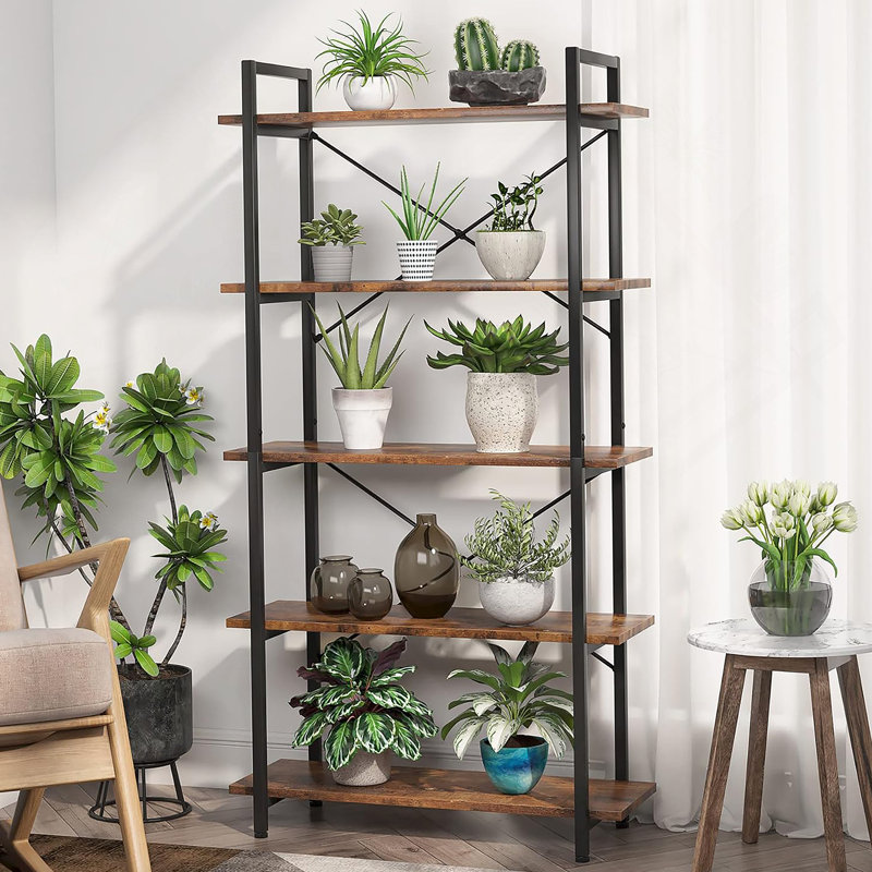 5-Tier Rustic Brown Industrial Metal Bookshelf Unit