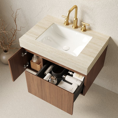 Meuble-lavabo de salle de bain, meuble de rangement flottant en contreplaqué avec tiroir et porte, comptoir en pierre frittée Roma Travertine et lavabo en céramique avec 3 trous de robinet pré-percés, pré-assemblé