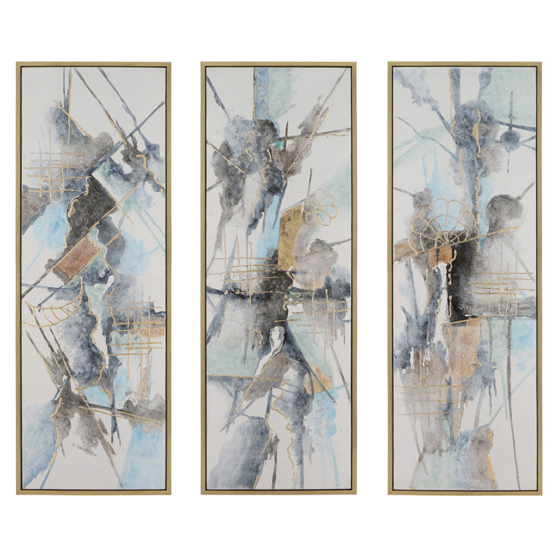 Modern Large Set of Three, Abstract Design, Canvas and Pine Wood, Multi-Colored