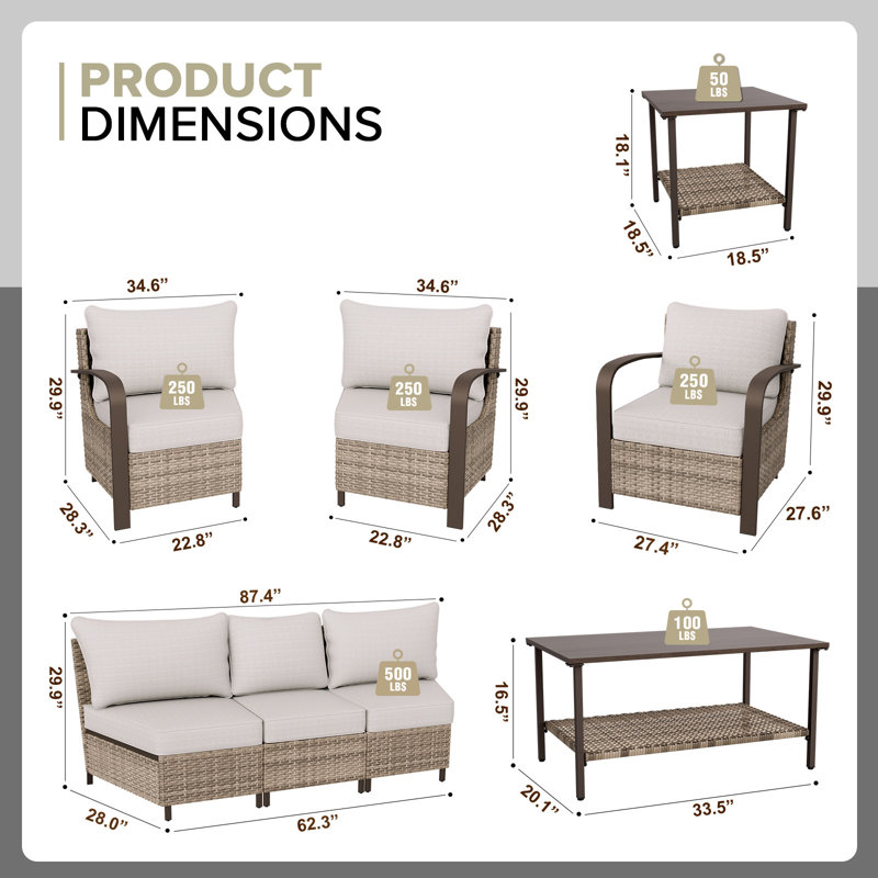 Ensemble de conversation d'extérieur pour 7 personnes avec coussins, Beige