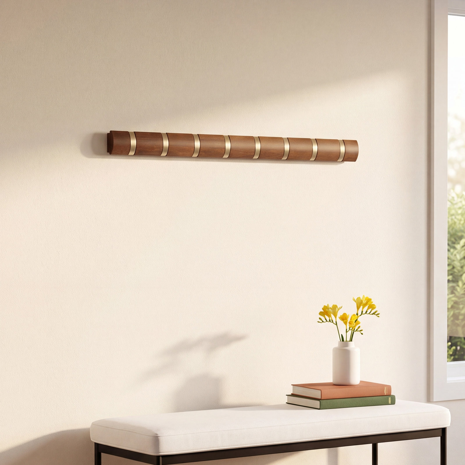 8-Hook Solid Wood Coat Rack, Light Walnut/Warm Gold