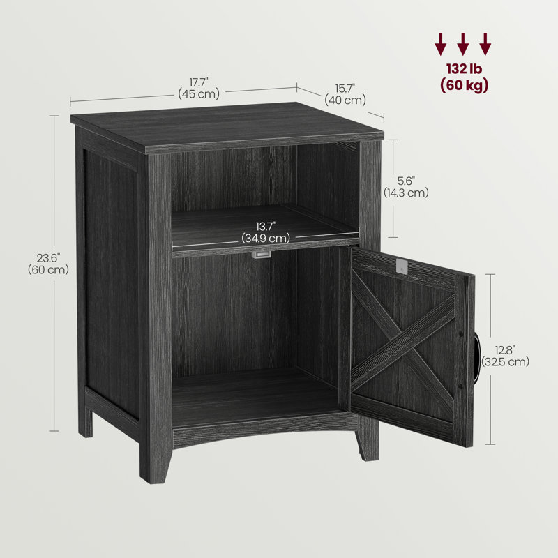 Bauman Farmhouse Nightstand, Bedside Table with a Cabinet and Open Compartment, Charcoal Gray
