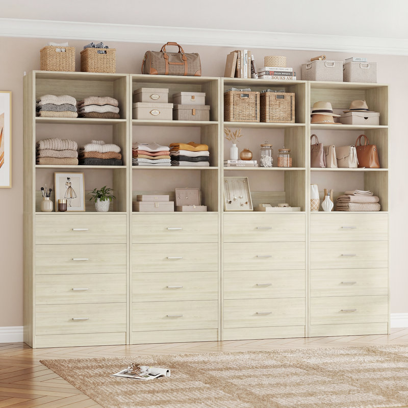 Closet System With Wood Drawers, Washed Oak
