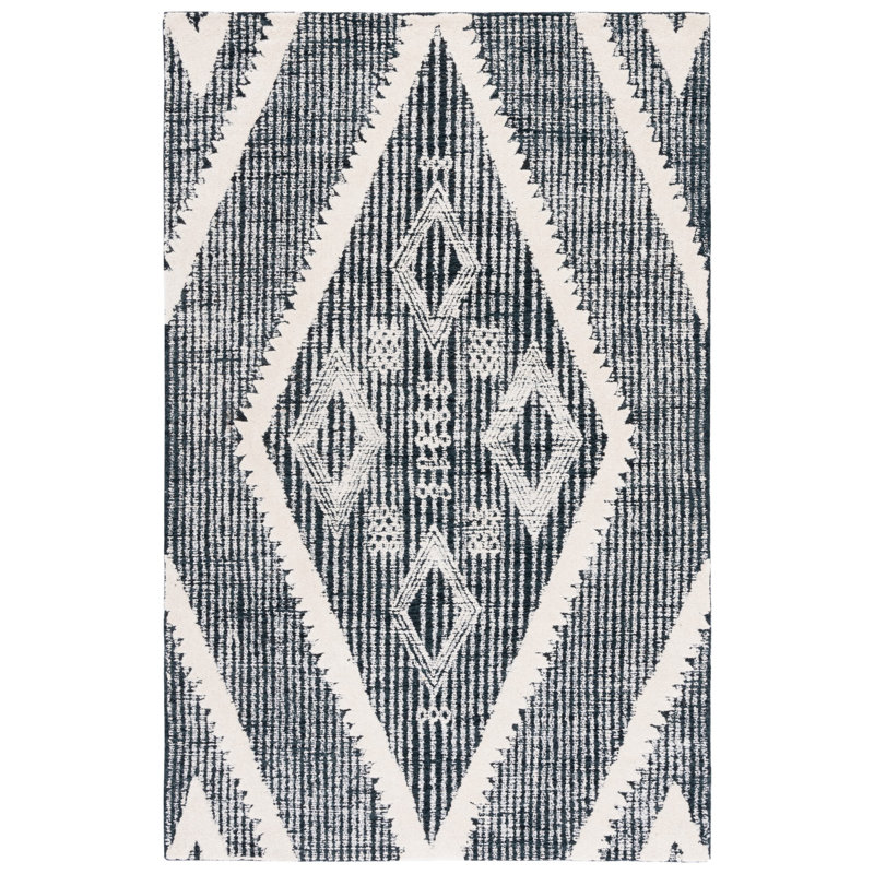 Jarexy Hand Tufted Wool/Cotton Southwestern Rug in Ivory/Black, Rectangle 3' x 5'