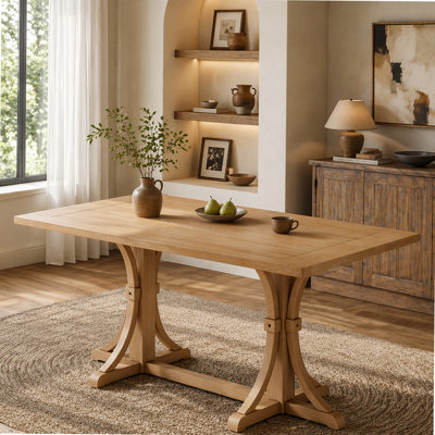 Solid Wood Dining Table for 6 People, 60" Rustic Farmhouse Dining Room Table with Trestle Base & Curved Legs, Natural Oak Finish, Kitchen Table for Home