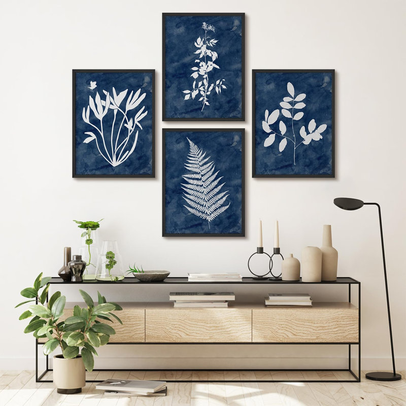 «Botanical Silhouette Blue and White Modern Artwork Minimalist Wall Art Decor», 4 pièces, Noir, H 28 po x l 22 po