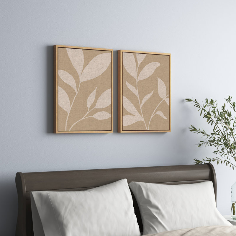 Modern Neutral Botanical Abstract Print No 2 and 3 Neutral Linen by The Creative Bunch Studio Framed Canvas Wall Art Set