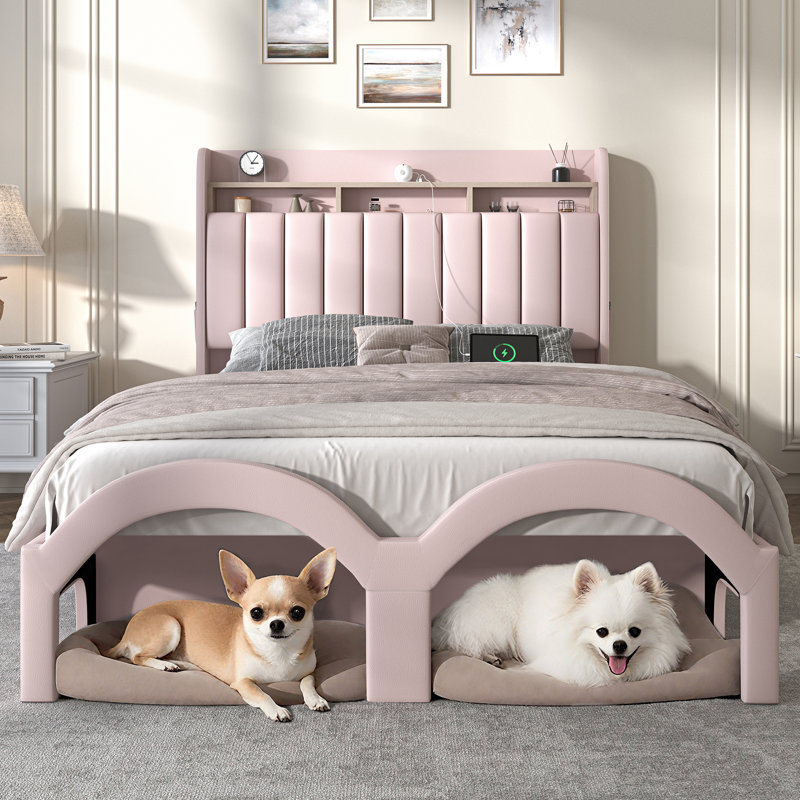 Bed Frame with Storage Drawers Pockets and Galaxy Star Projector Upholstered Wingback Headboard, Full, Pink