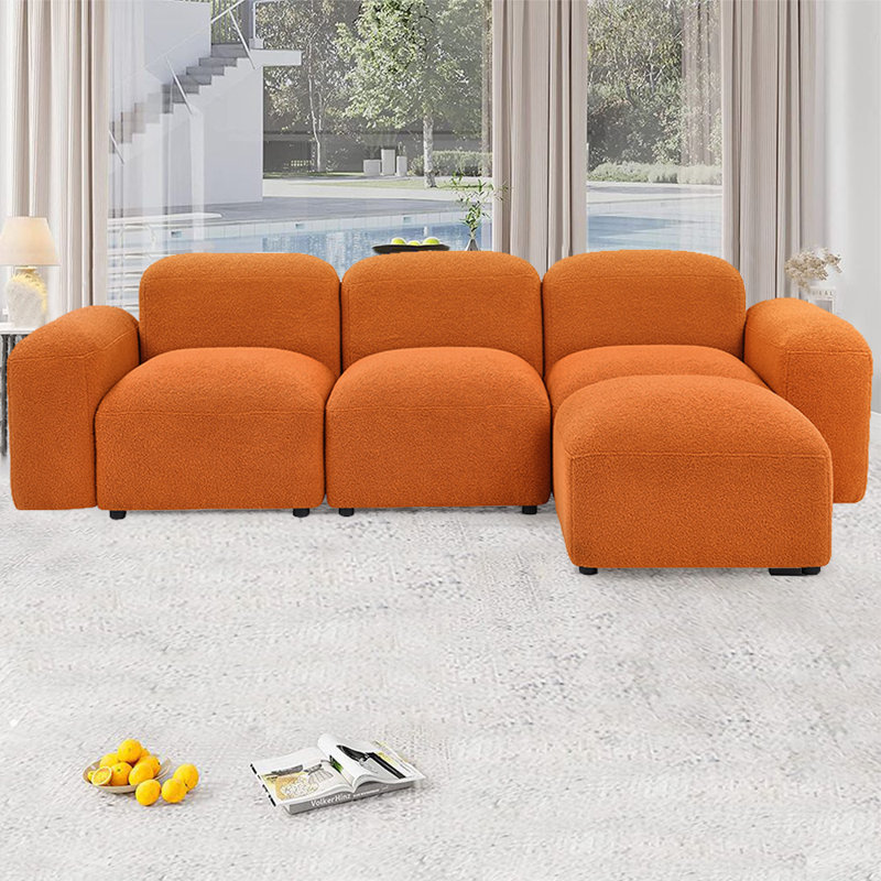 Assise modulaire réversible de 94 po avec repose-pieds Ashawn, 100 % polyester orange